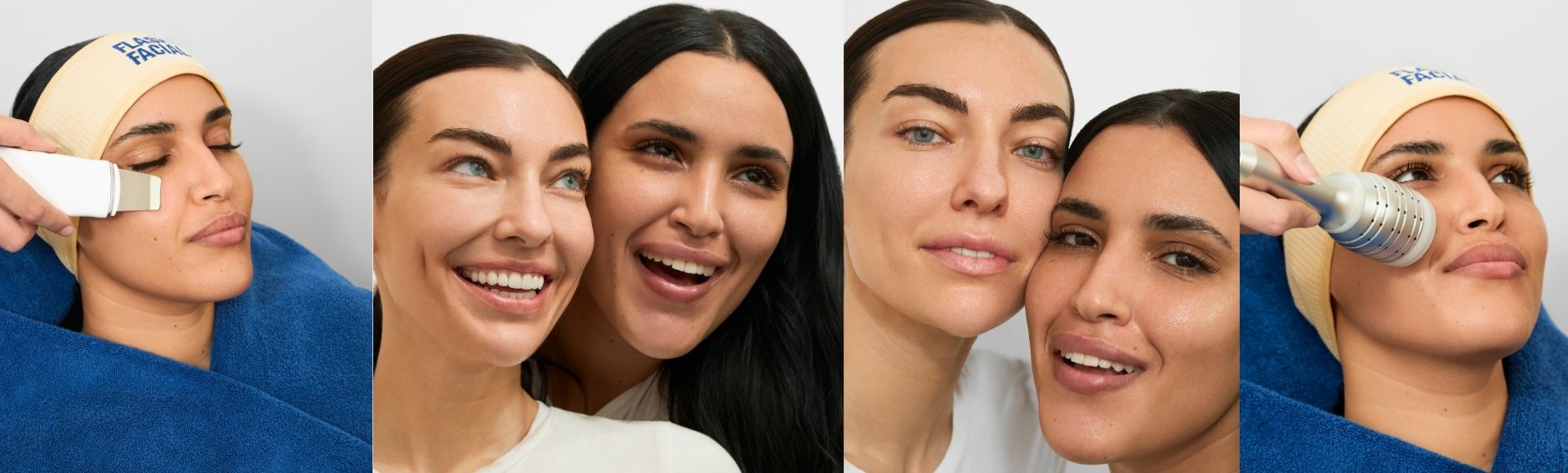 Two friends laughing after their Flash Facial
